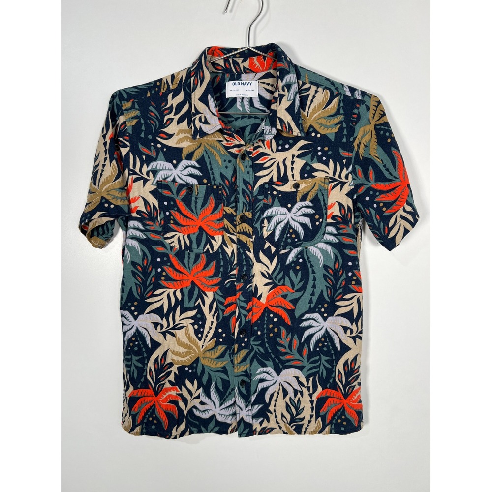 Old Navy Boys Tropical Palm Print Linen Blend Button Down Shirt XL 14-16